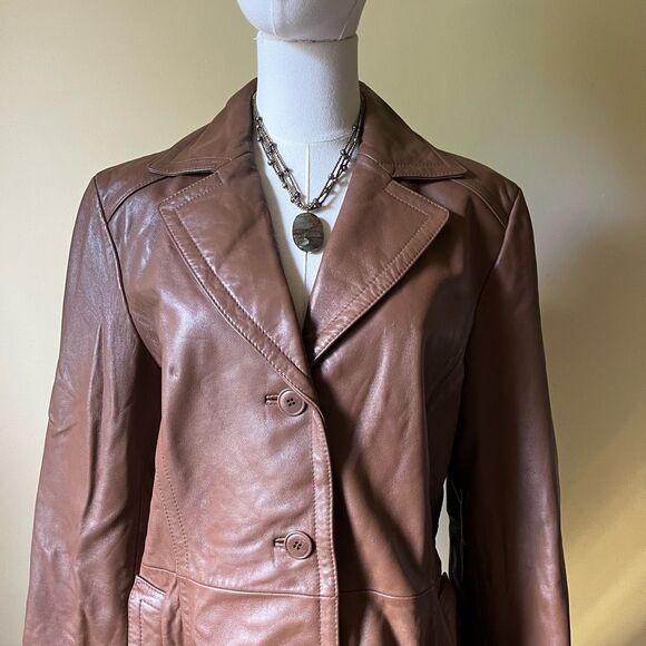 Vintage Nine West Brownβ Leather Coat Large Button Front Y2K Trench Jacket - Picture 2 of 11